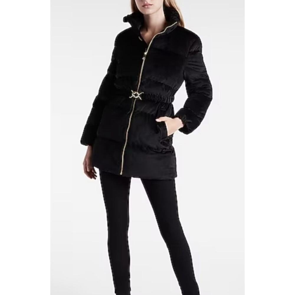 Express Edition Black Velvet Velour Belted Puffer Jacket Size Large - Picture 7 of 7